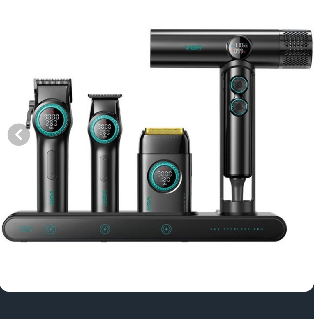 ست سشوار و ماشین اصلاح موی سر و صورت شارژی وی جی آر مدل Stepless pro مجموعه ۴ عددی